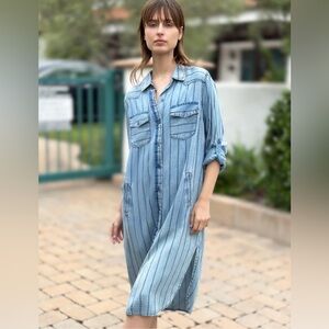 Billy T Lyocell Chambray Shirt Dress Star Print Button Front Size L